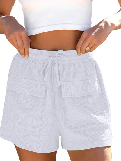 Drawstring High Waist Shorts with Pockets White