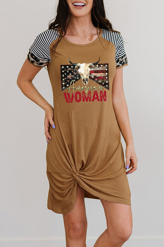AMERICAN WOMAN Graphic Round Neck Twisted Dress Camel
