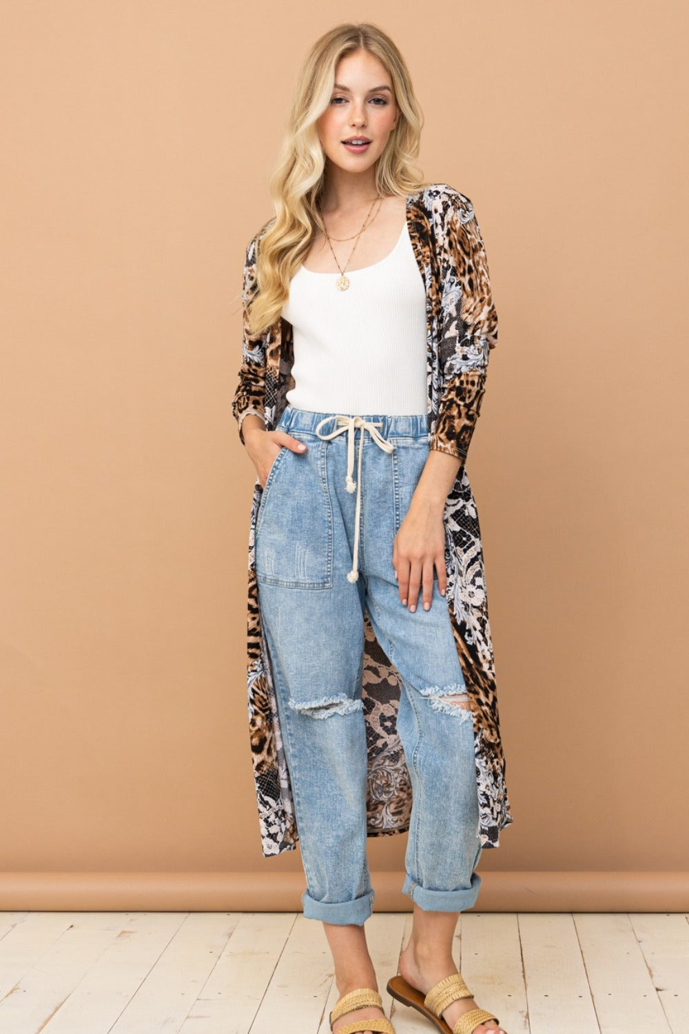 And The Why Leopard Kimono Open Front Longline Cardigan Leopard