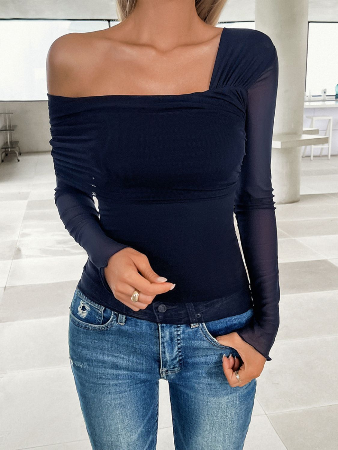 Ruched Asymmetrical Long Sleeve T-Shirt