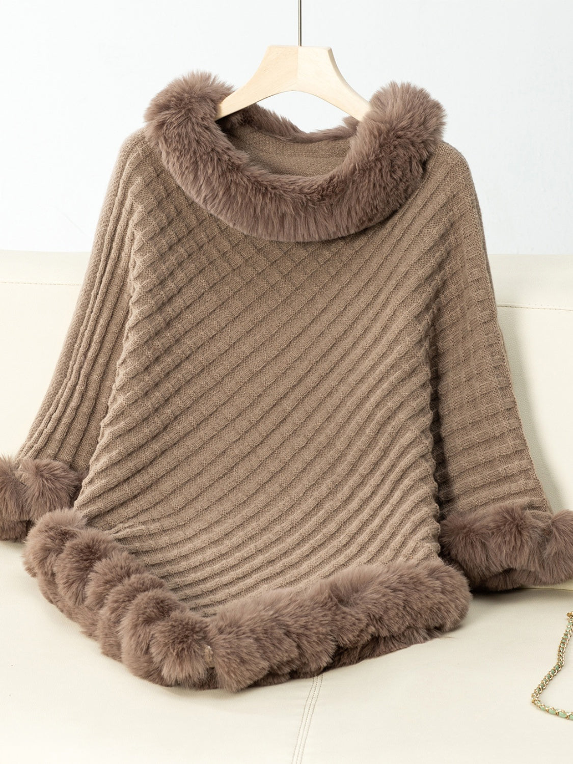 Fuzzy Trim Texture Three-Quarter Sleeve Poncho Camel One Size