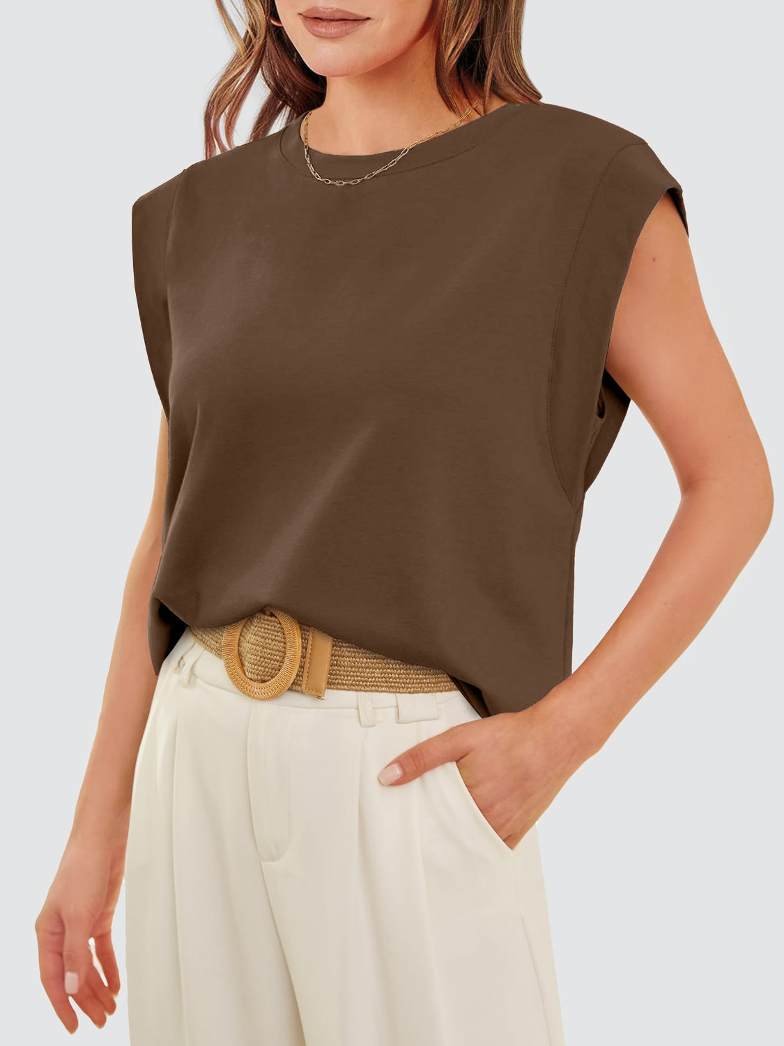 Classic Round Neck Cap Sleeve Top Chestnut