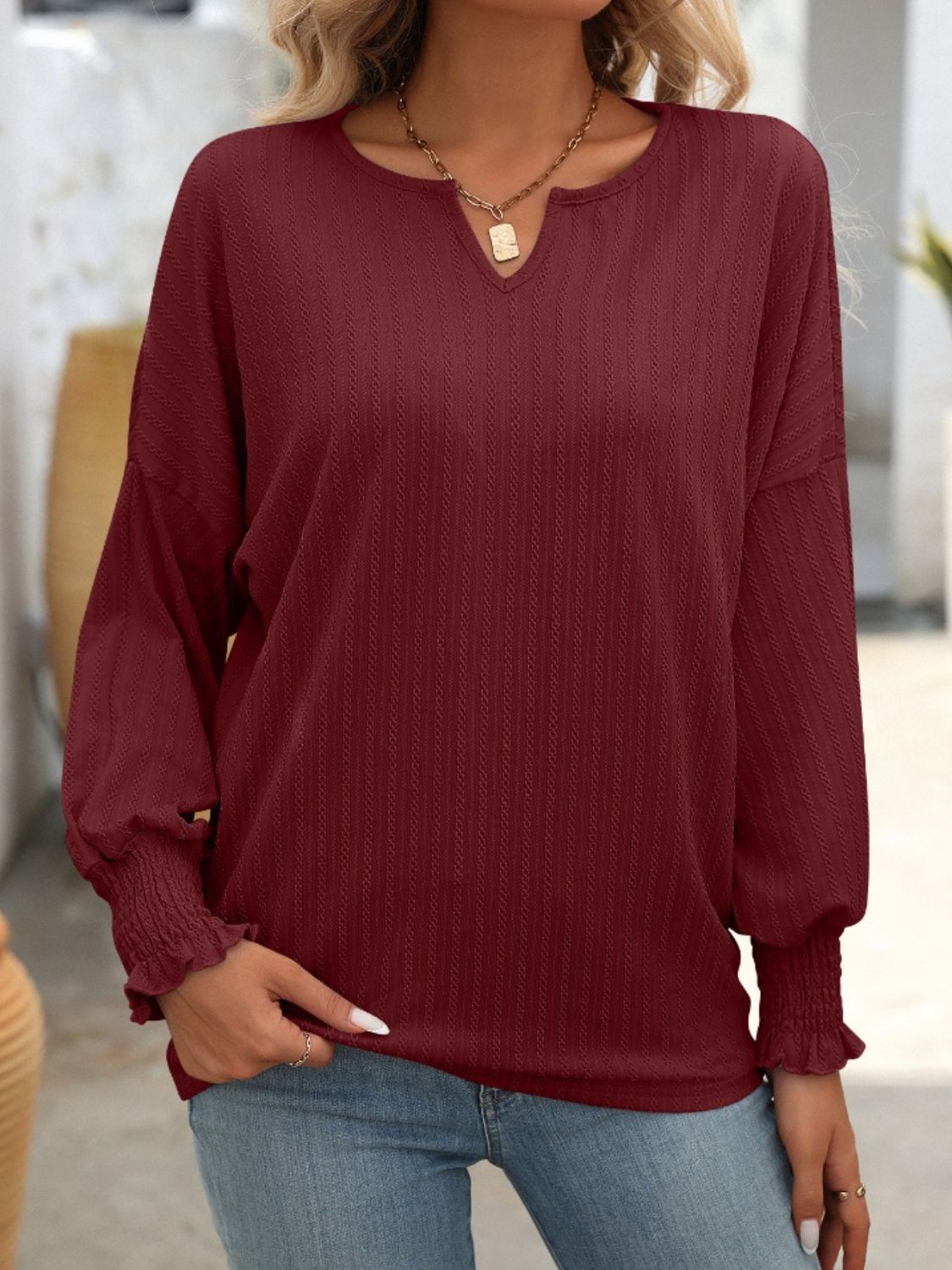 Textured Lantern Sleeve Top Burgundy