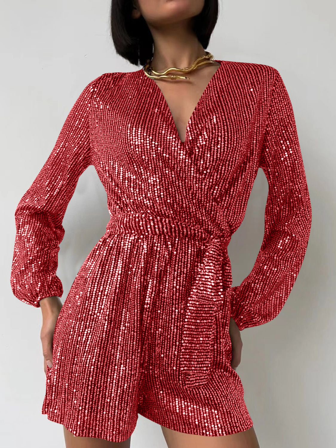 Full Size Sequin Surplice Tie Waist Long Sleeve Romper Scarlet