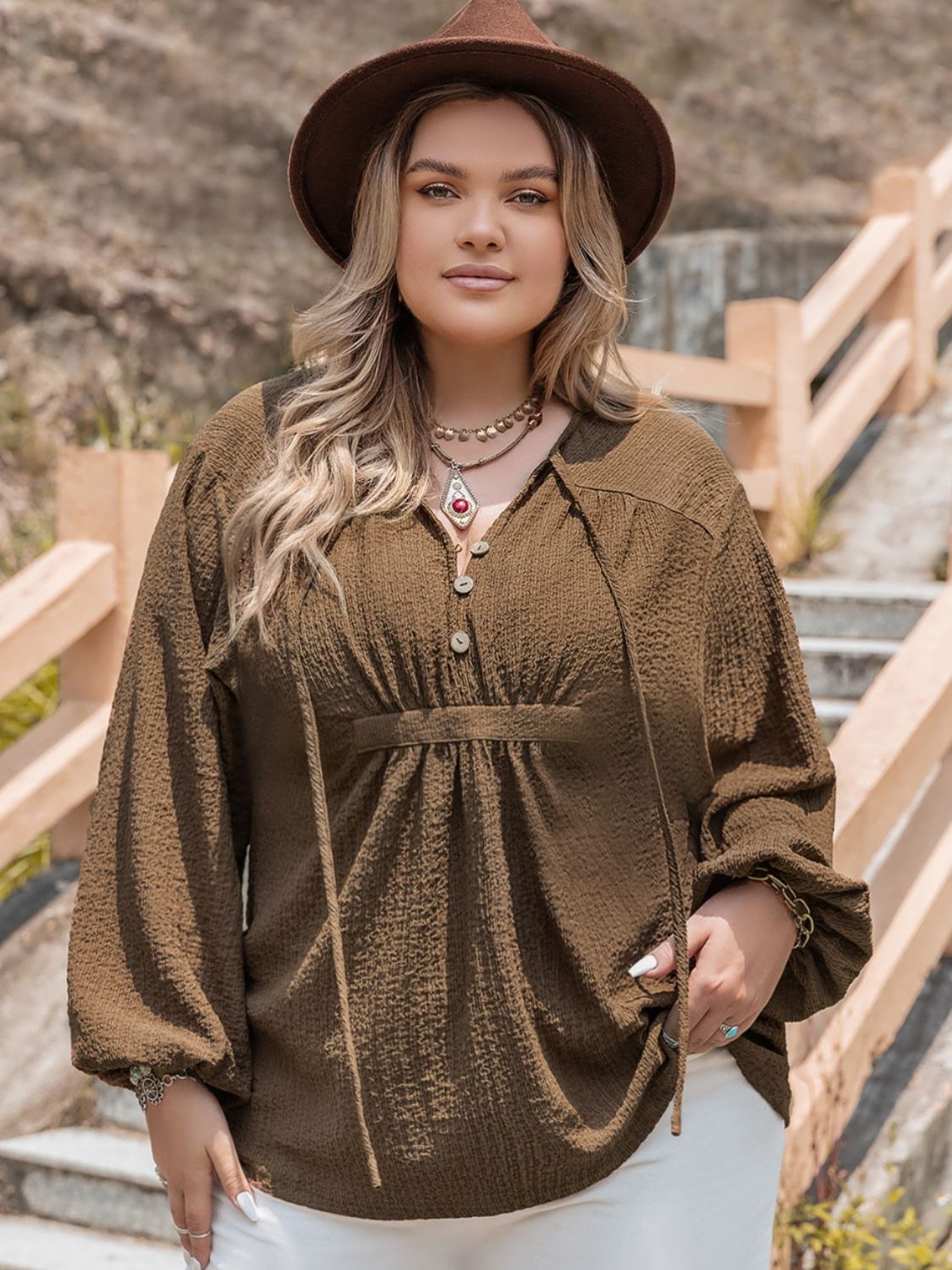 Plus Size Tie Neck Long Sleeve Blouse Coffee Brown