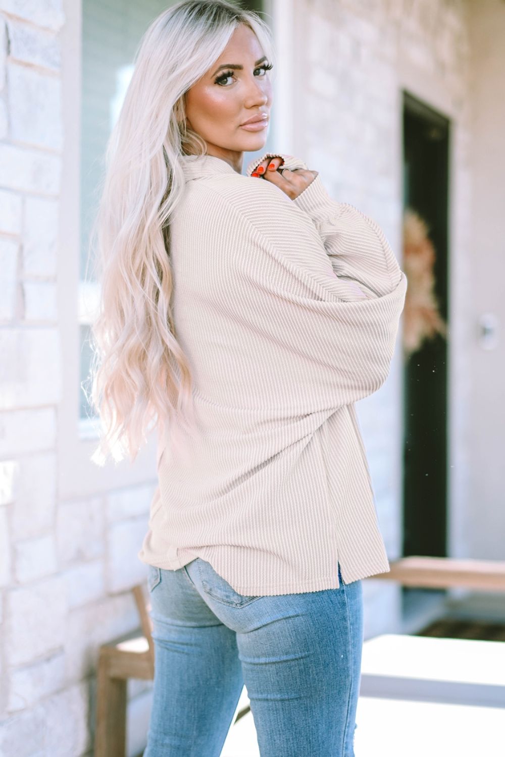 Collared Neck Half Button Long Sleeve Blouse