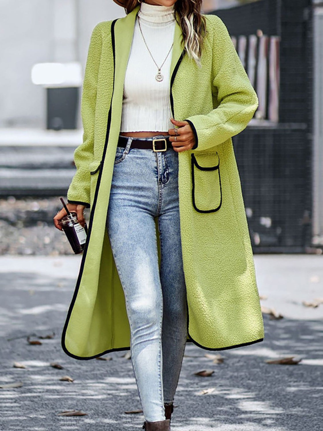 Full Size Contrast Trim Long Sleeve Coat with Pockets Lime