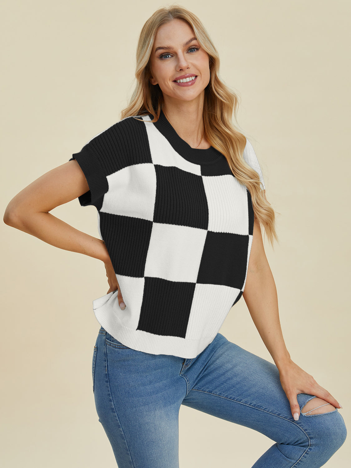 Double Take Full Size Checkered Round Neck Short Sleeve Sweater Black