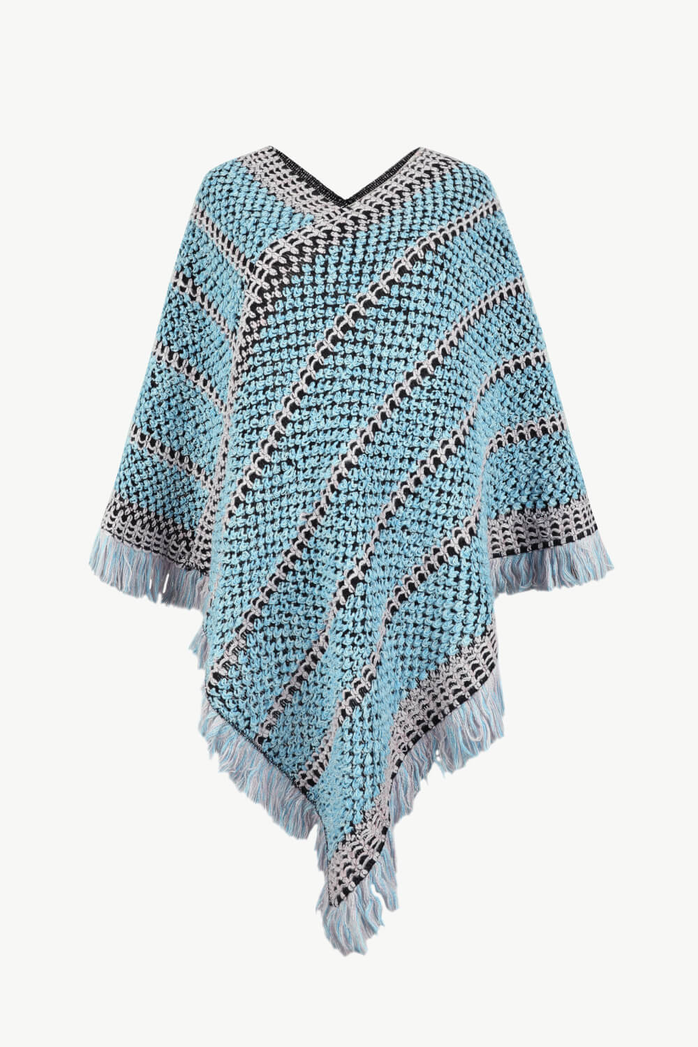 V-Neck Fringe Hem Poncho Light Blue One Size