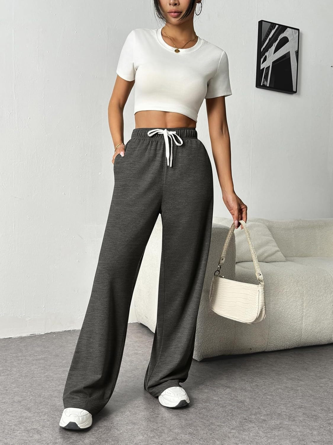 Drawstring Wide Leg Pants with Pockets Dark Gray