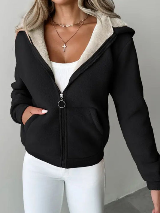 Full Size Zip Up Long Sleeve Hooded Outerwear Black