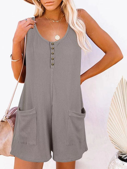 Button Front Sleeveless Romper with Pockets