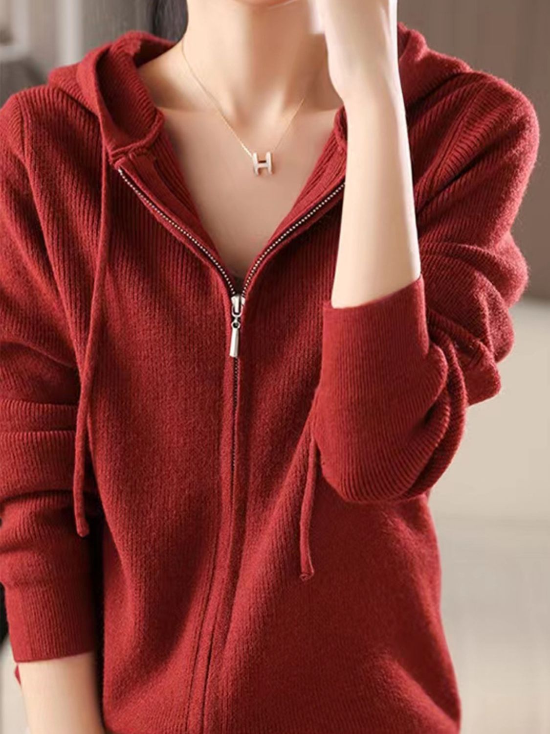 Drawstring Zip Up Long Sleeve Hooded Sweater Scarlet One Size