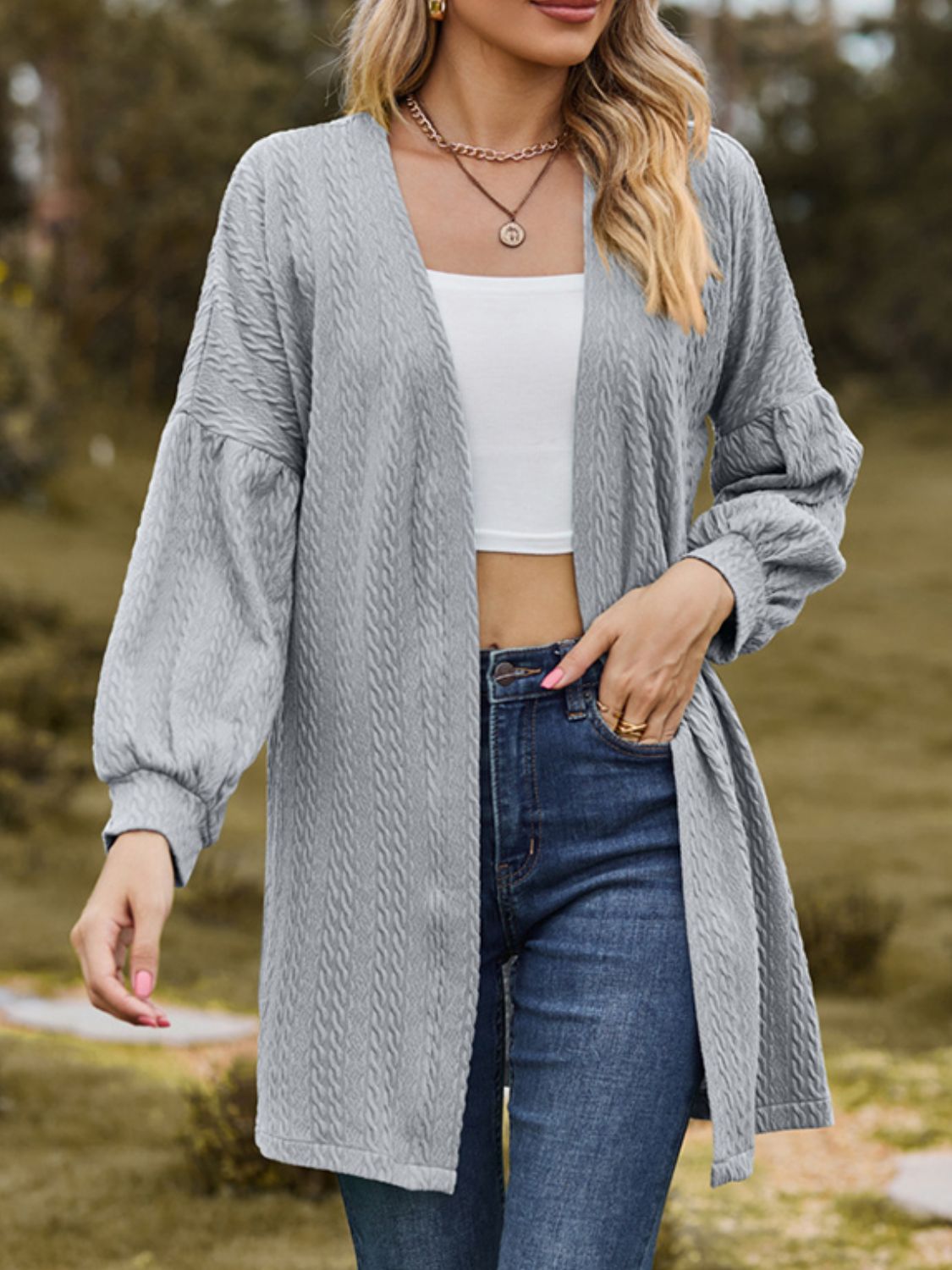 Textured Open Front Dropped Shoulder Cardigan Gray