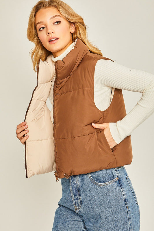 Love Tree Zip Up Cropped Contrast Reversible Vest Cocoa