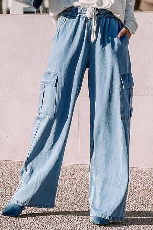 Drawstring Wide Leg Jeans with Pockets Light
