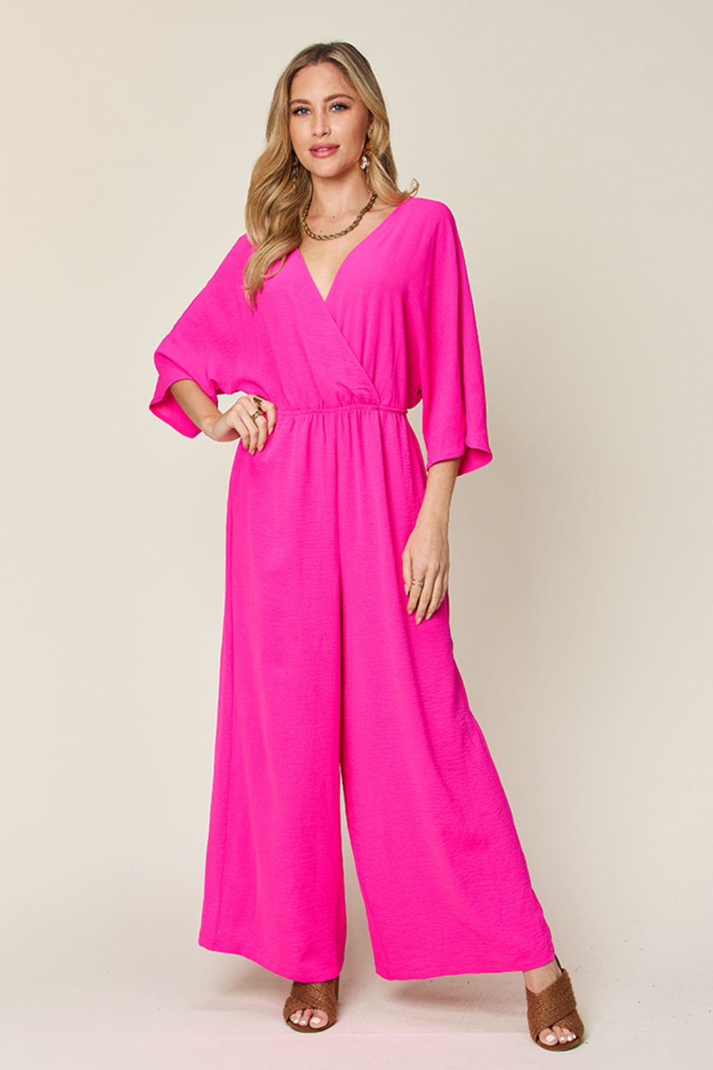Tie-Waist Jumpsuit with Wide Legs and Short Sleeves Hot Pink