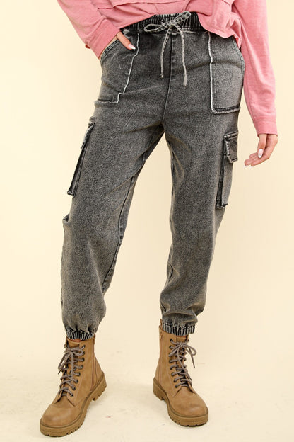 VERY J Washed Drawstring Jogger Cargo Jeans Black Denim