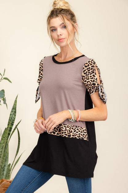 Celeste Full Size Open Tie Sleeve Leopard Color Blocked Top Mocha