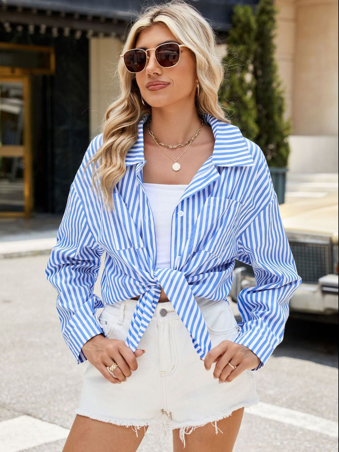 Striped Button Up Long Sleeve Shirt Sky Blue