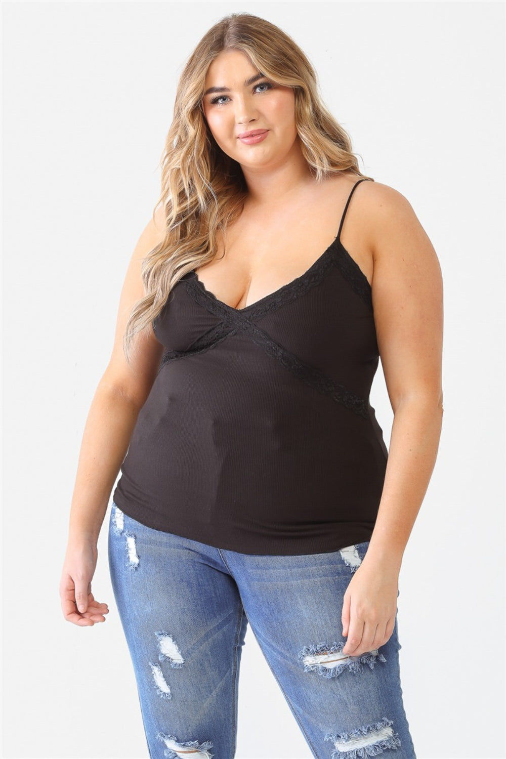 Zenobia Plus Size Lace Detail V-Neck Cami Black