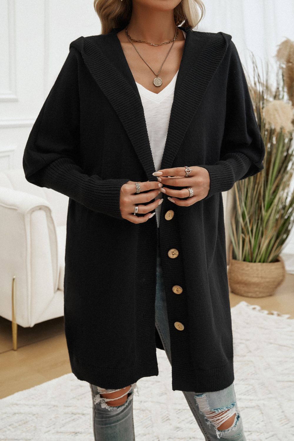 Devine Button Up Long Sleeve Hooded Cardigan Black