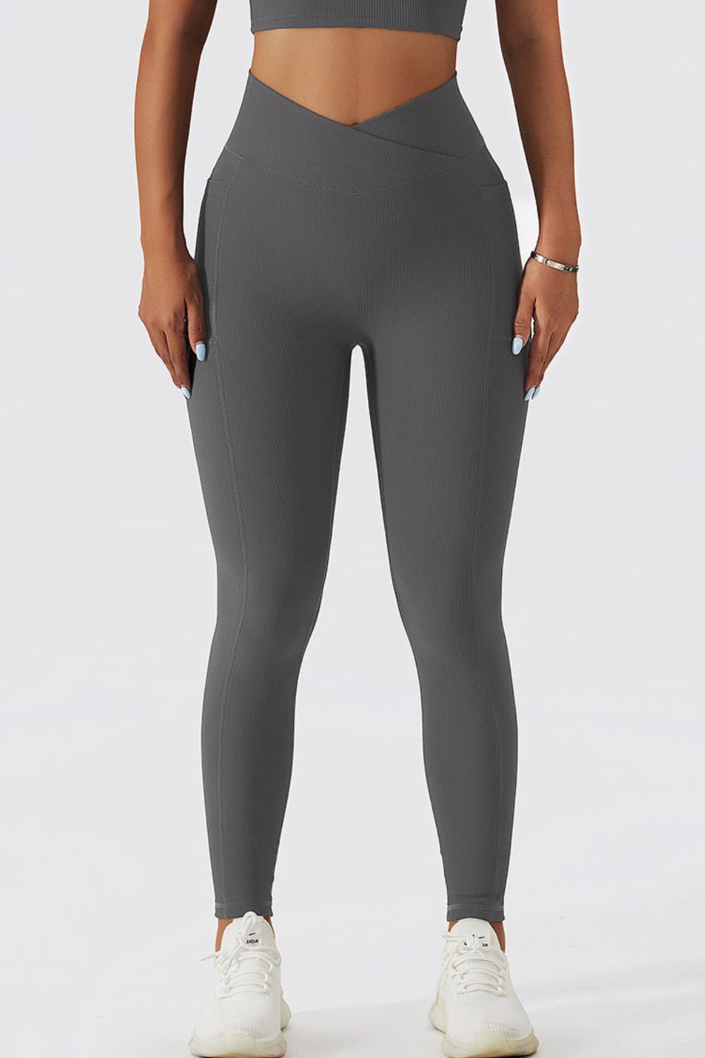 High-Waist Pocket Leggings with Crossover Detail Charcoal