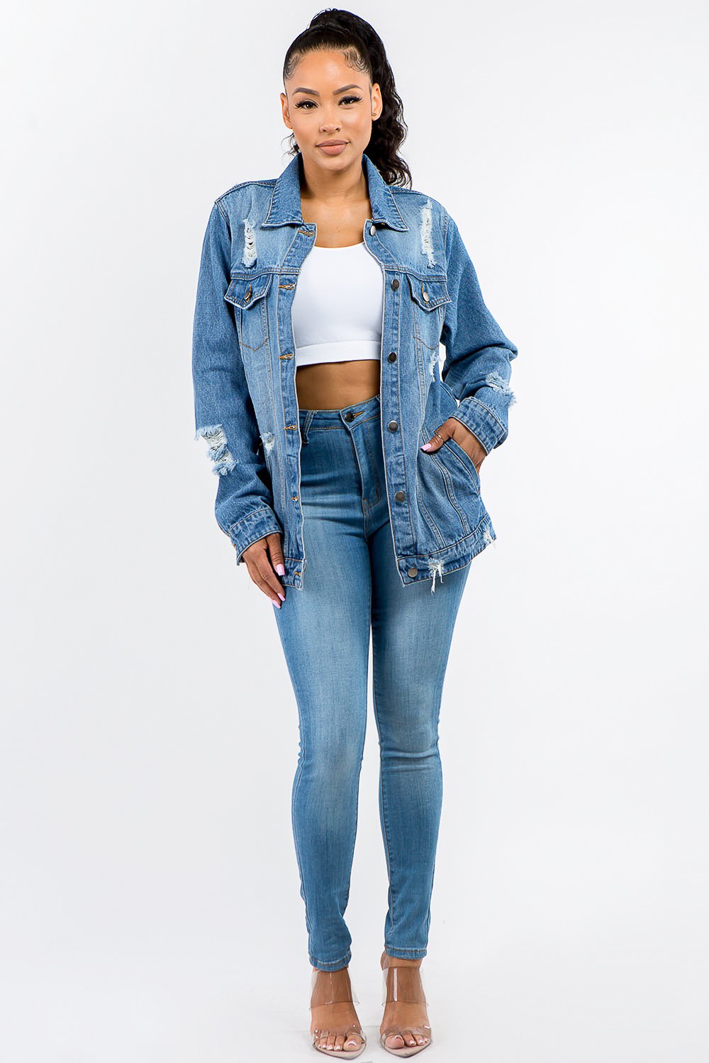 Women's Distressed Denim Button-Up Jacket