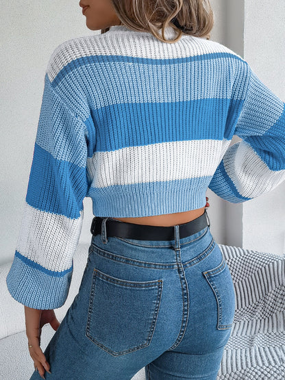 Color Block Round Neck Cropped Sweater