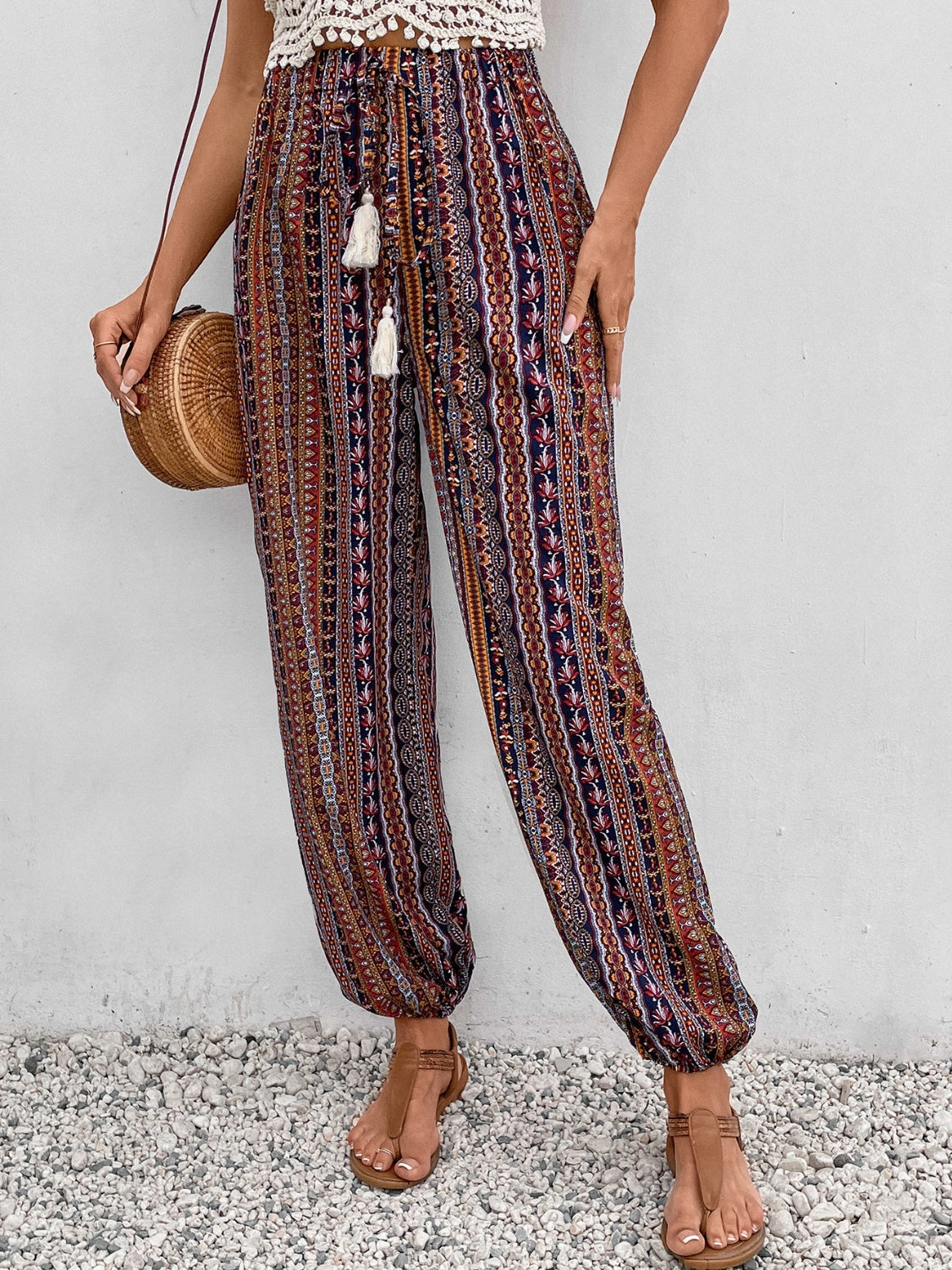 Tassel Printed High Waist Pants Brown