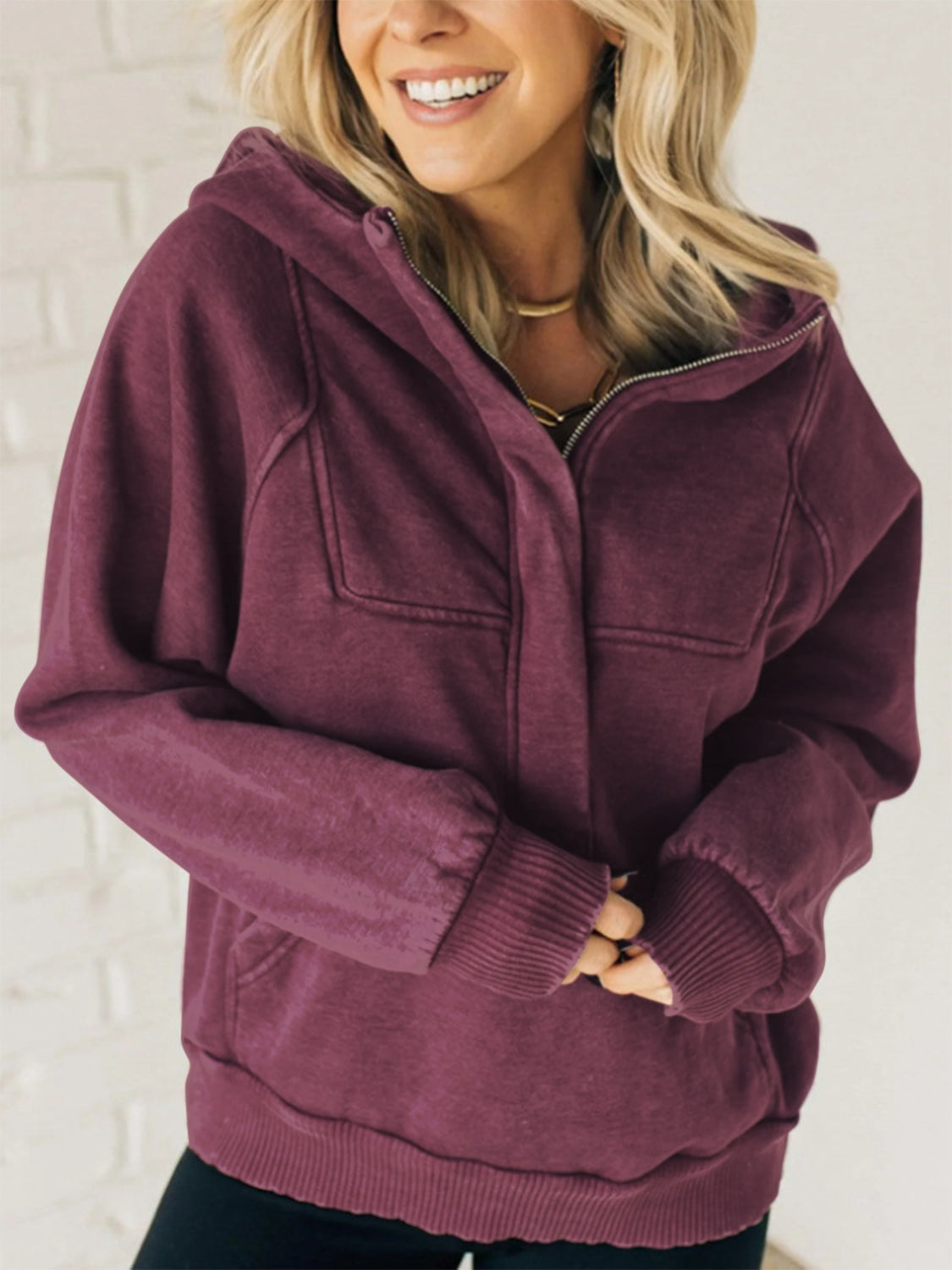 Half Zip Kangaroo Pocket Long Sleeve Hoodie Deep Purple