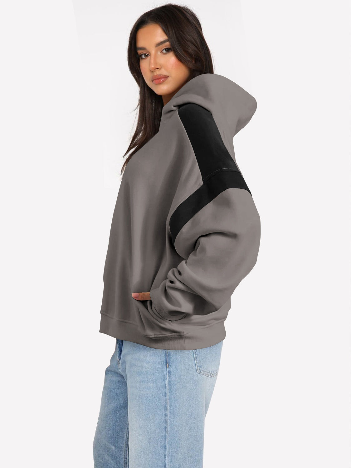 Contrast Dropped Shoulder Long Sleeve Hoodie Mocha