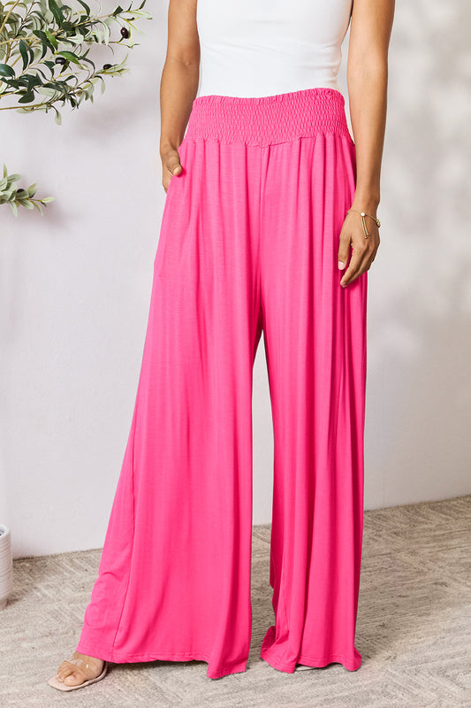 Smocked High-Waist Wide Leg Pants Hot Pink