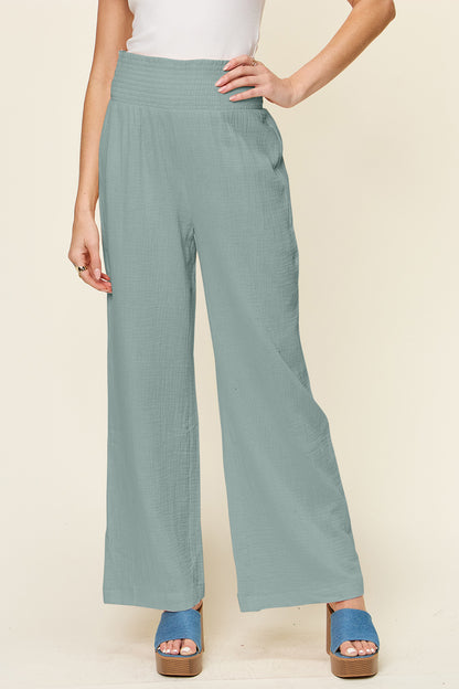 Textured Smocked Waist Wide Leg Pants Air Force Blue