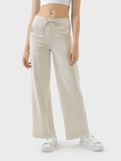 Drawstring Active Pants with Pockets Cream