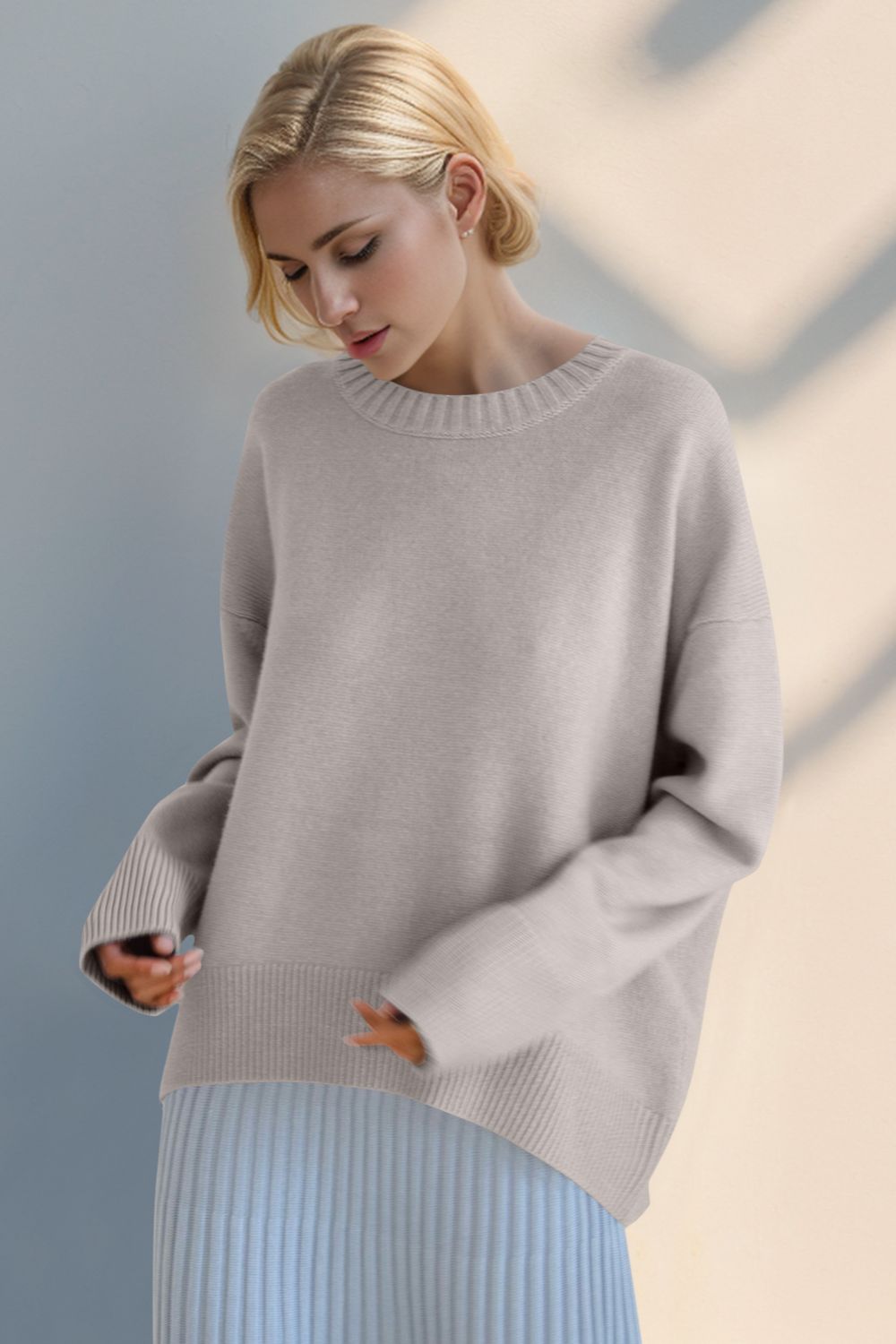 Basic Bae Round Neck Dropped Shoulder Sweater Eggshell One Size