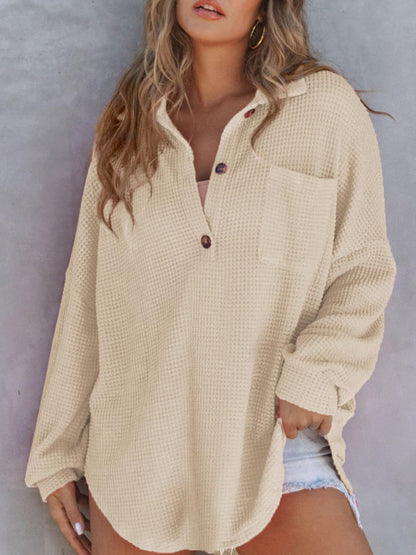 Cozy Waffle Knit Back-to-School Sweatshirt Khaki