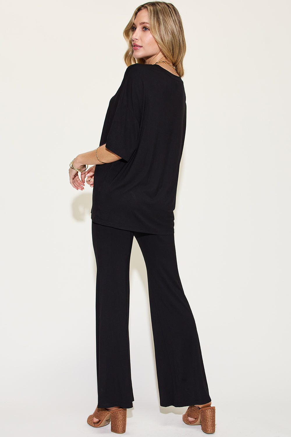 Comfy Bamboo Drop Shoulder Tee & Flare Pants Set