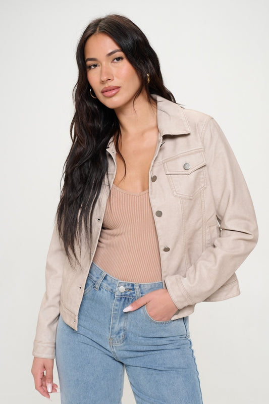 Women's Vegan Leather Button-Down Cargo Shacket