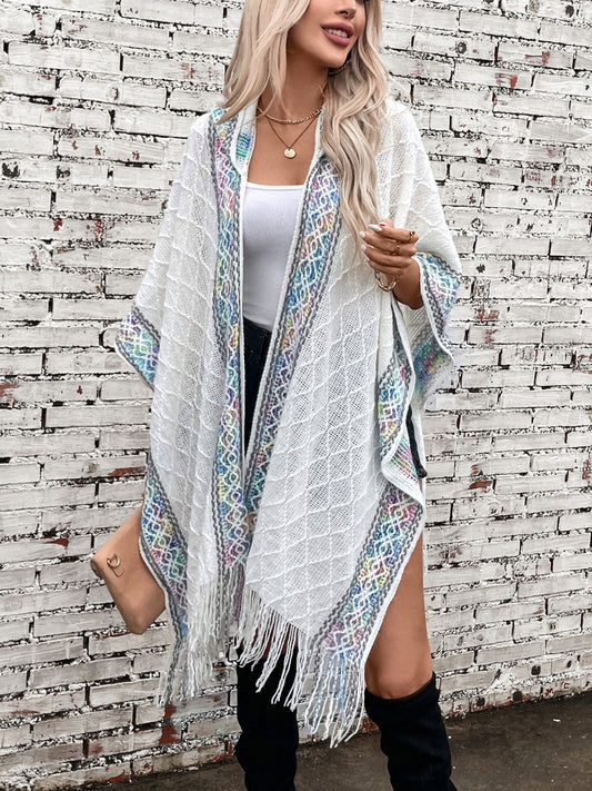 Fringe Half Sleeve Hooded Poncho White One Size