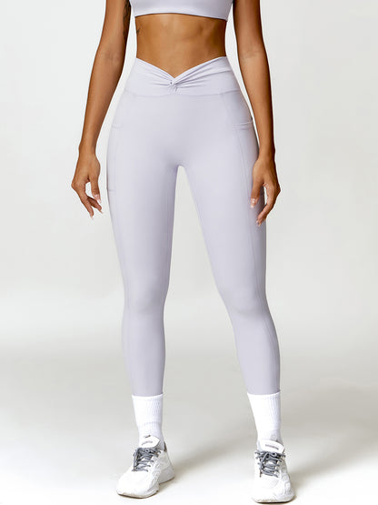 Twisted High Waist Active Pants with Pockets Light Gray