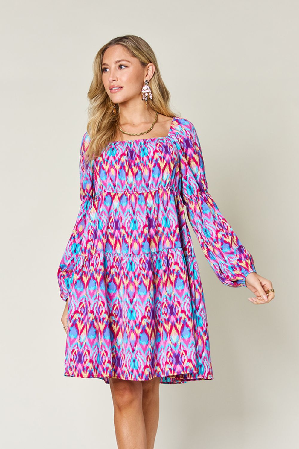 Printed Long Sleeve Smocked Dress