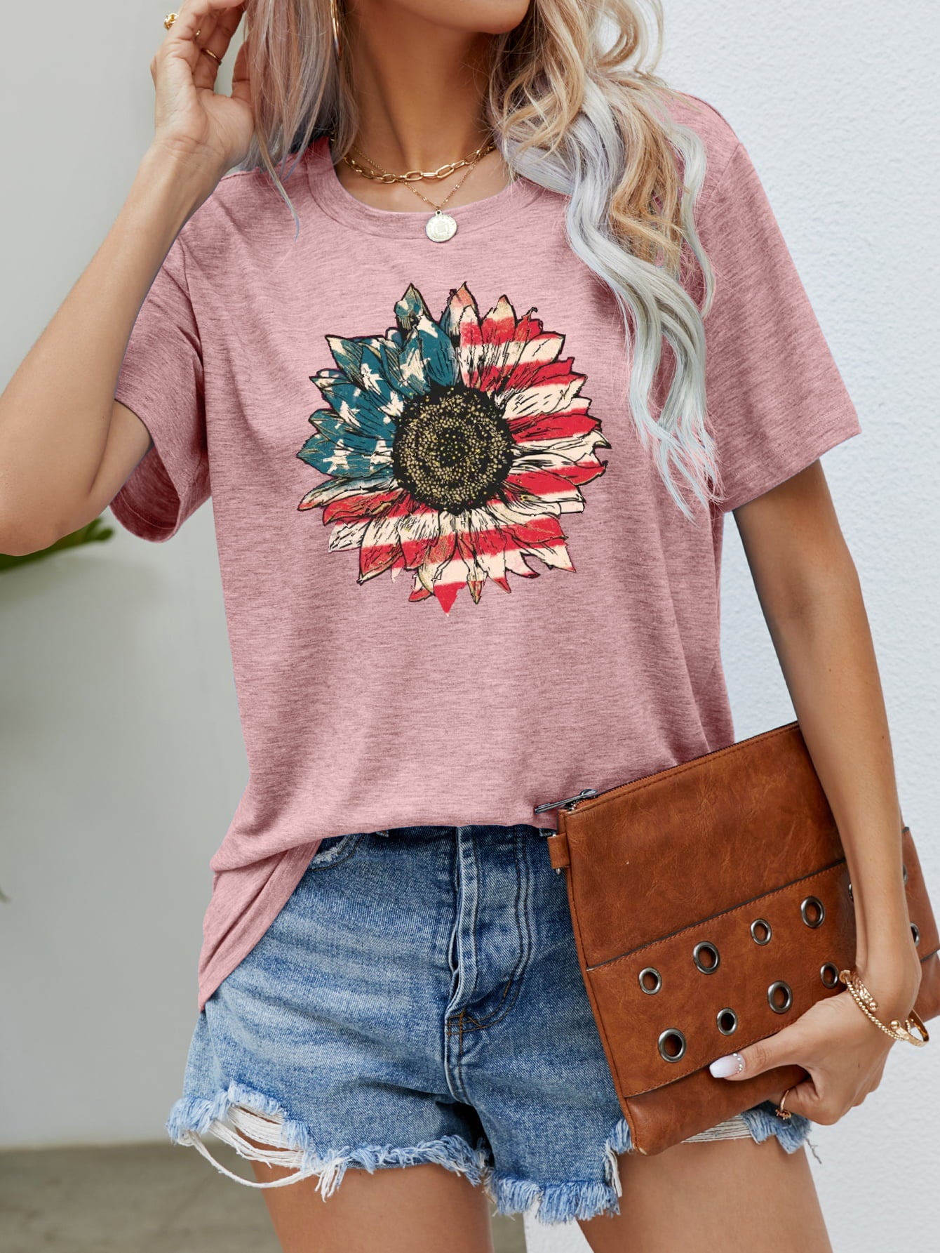 US Flag Flower Graphic Tee Blush Pink