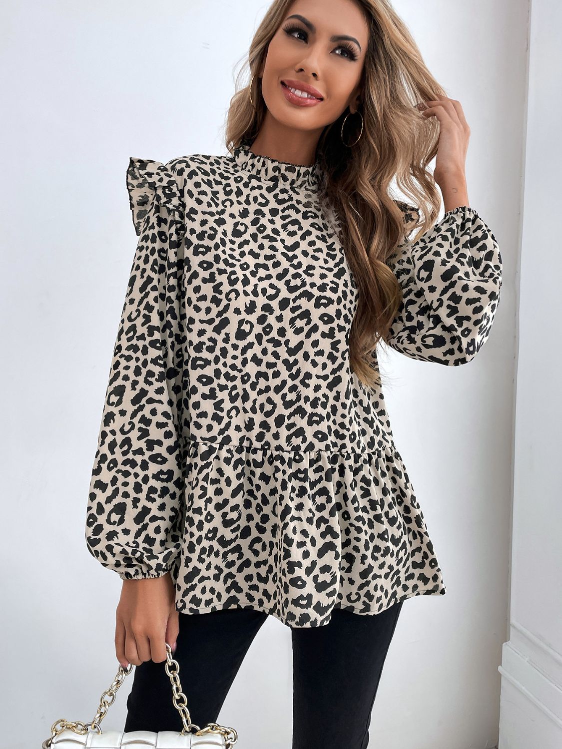 Ruffled Leopard Mock Neck Long Sleeve Blouse Leopard