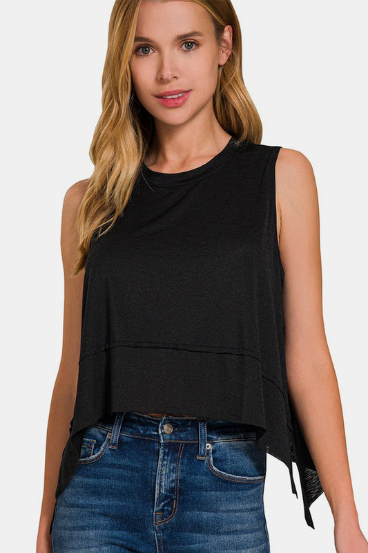 Zenana Exposed Seam Slit Round Neck Tank Black