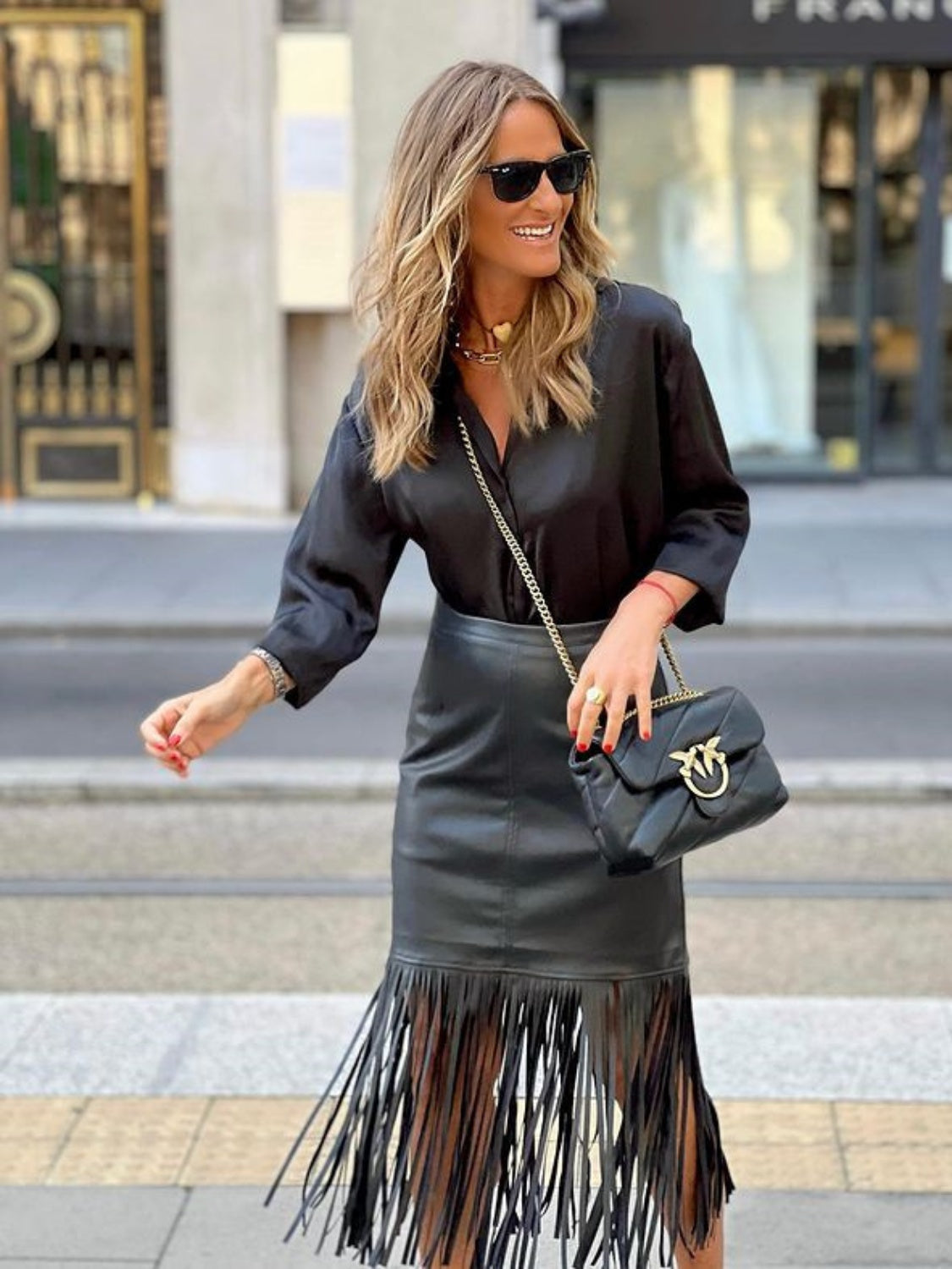 High Waist Fringe Hem Skirt Black