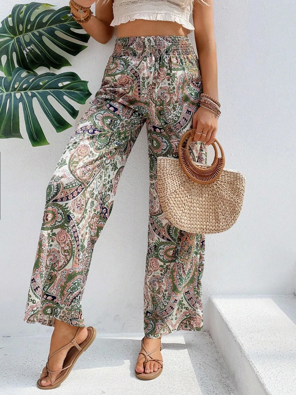 Tie Waist Printed Wide Leg Pants