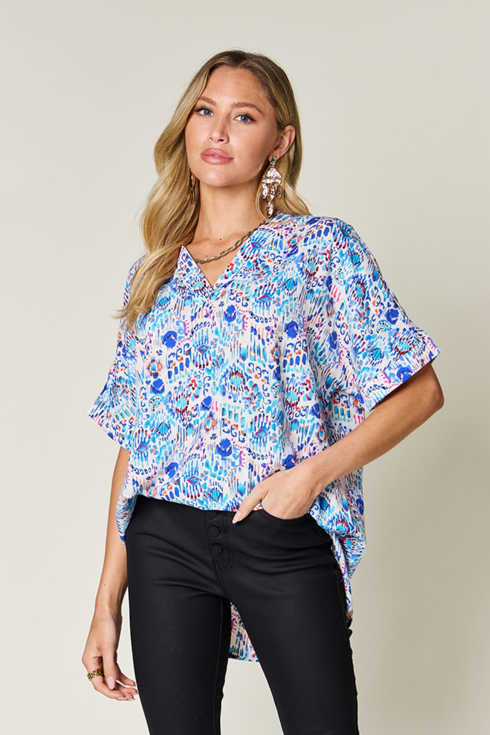 Printed V-Neck Short Sleeve Top Sky Blue