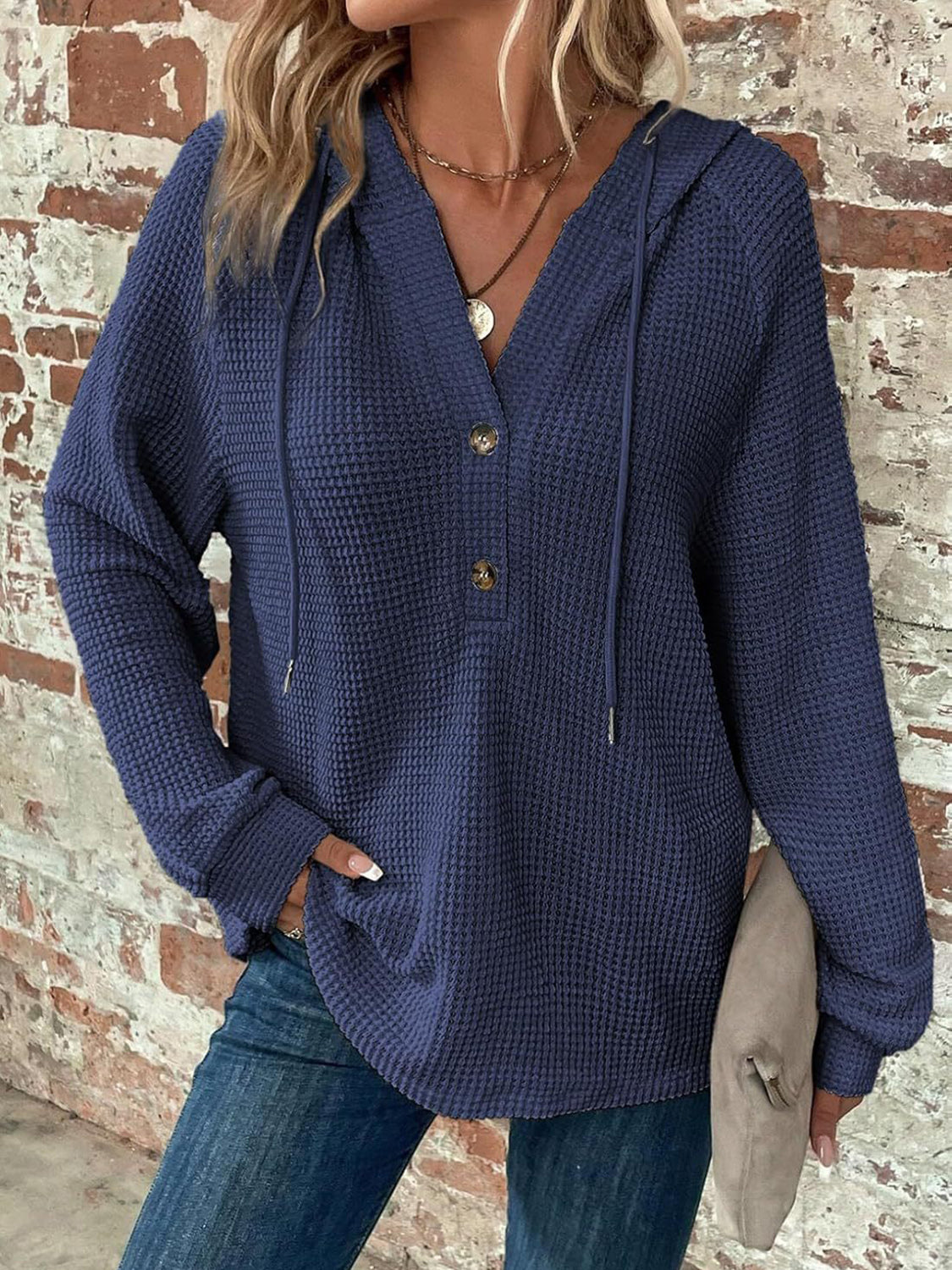 Waffle Knit Long Sleeve Drawstring Hooded Top Dark Blue