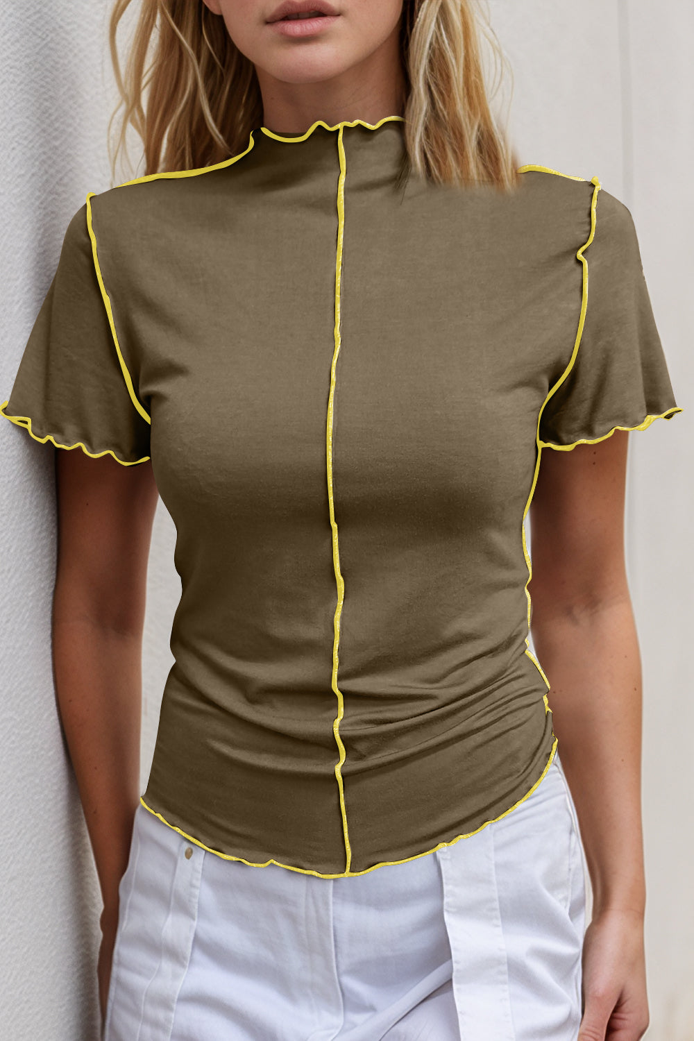 Basic Bae Contrast Trim Mock Neck Short Sleeve T-Shirt Taupe